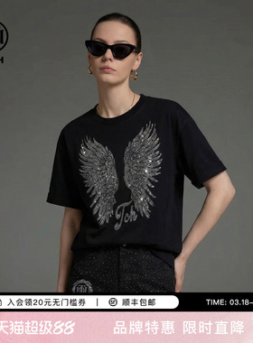 TCH2026春夏新款时尚烫钻黑色休闲百搭圆领短袖T恤女T78A10E1029