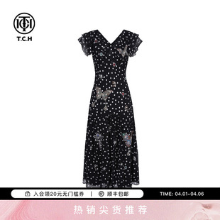 TCH烫钻气质淑女减龄A字收腰V领显瘦波点连衣裙女T75B30E5205