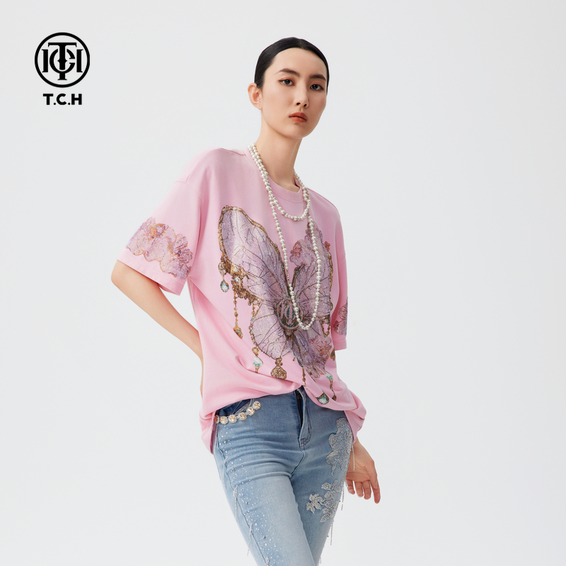 TCH2024秋季新款半袖T恤个性时尚烫钻街头短袖男女同款T72C106036