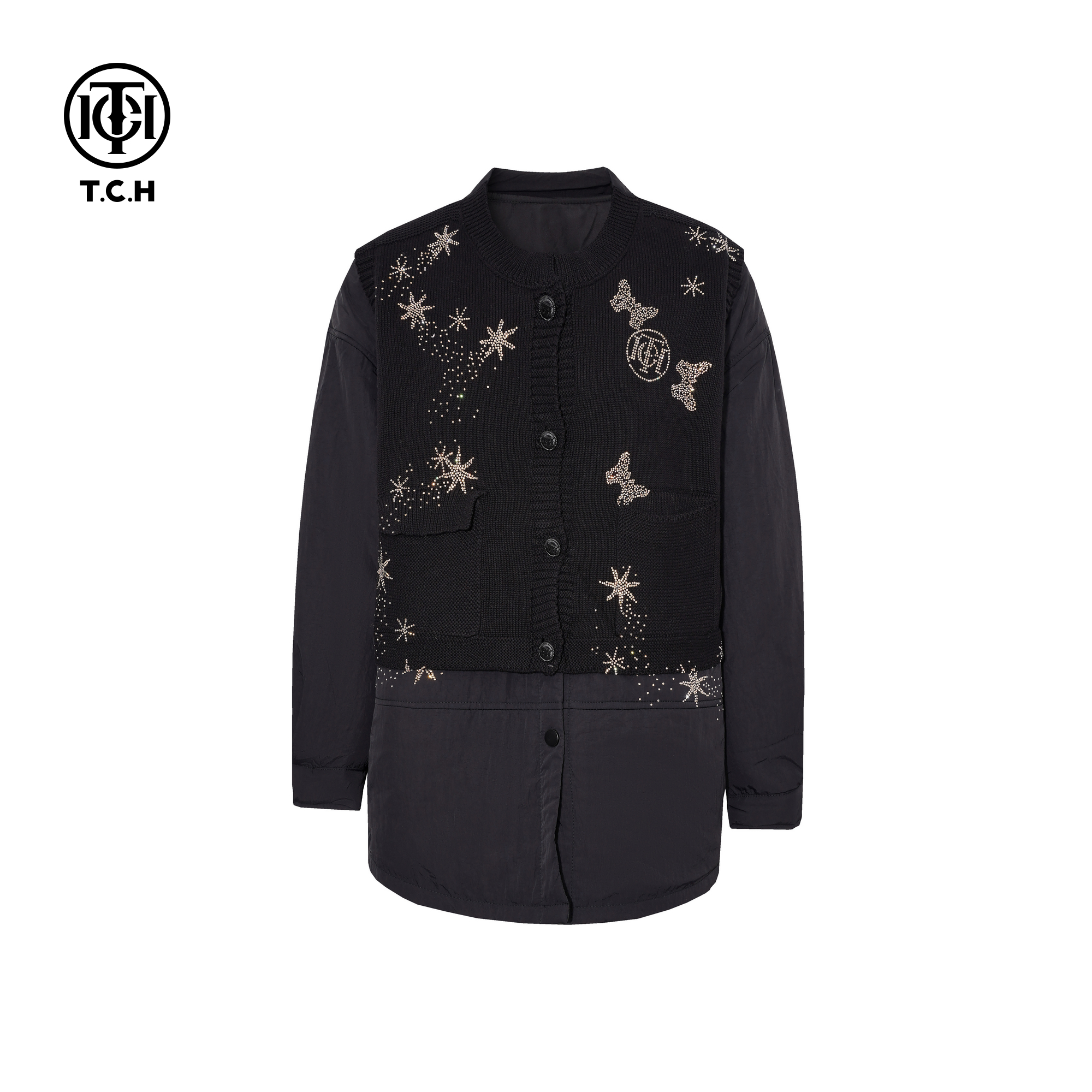 TCH时尚潮牌烫钻针织拼接假两件黑色宽松棉服外套女冬T75D18E1013