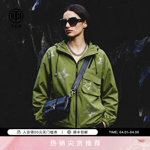 TCH时尚 T78A27E5005 潮牌五角星烫钻绿色休闲夹克连帽外套男女同款
