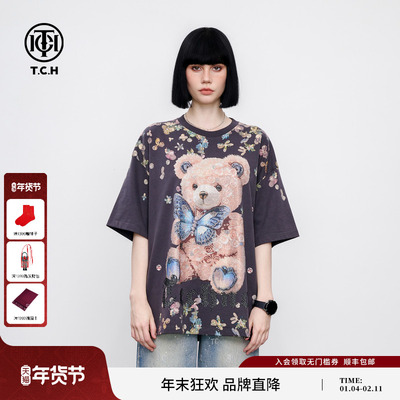 TCH小熊蝴蝶烫钻街头潮流宽松百搭短袖T恤男女同款2025夏季新款