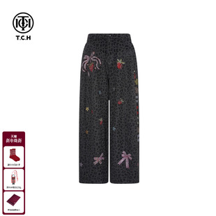 TCH时尚 女冬T75D20E1220 潮牌樱桃烫钻阔腿宽松加绒加厚豹纹休闲裤