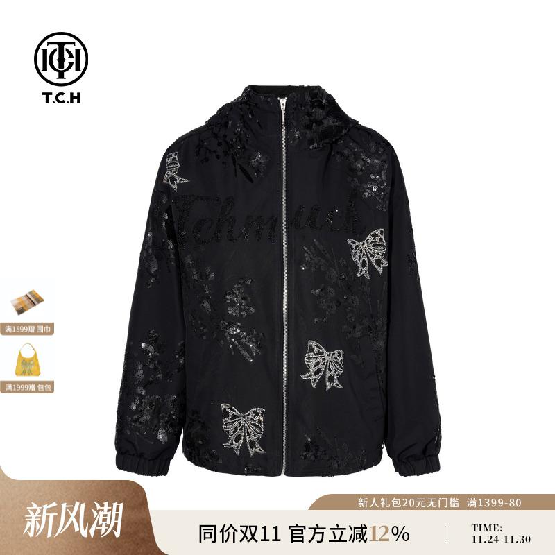 TCH私服烫钻时尚潮牌亮片连帽外套拉链衫2025秋季新款T75C27E1025