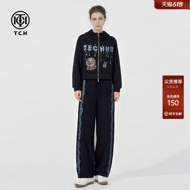 TCH潮酷烫钻狮子宽松短款连帽外套阔腿裤藏青色套装女T78A07E1111