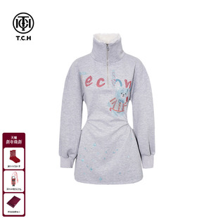 收腰连衣裙女T75D30E1029 毛毛领加厚烫钻灰色长袖 TCH2025冬季 新款