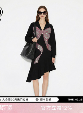 TCH烫钻蝴蝶结设计感不规则裙V领连衣裙女2026春新款T78A30E1056