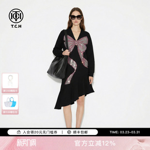 TCH烫钻蝴蝶结设计感不规则裙V领连衣裙女2026春新款 T78A30E1056