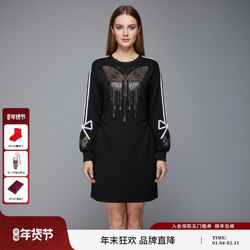 TCH时尚潮牌蝴蝶烫钻减龄收腰显瘦黑色长袖连衣裙女T78A30E1006,女装/女士精品,连衣裙,淘宝优惠券,粉丝福利购,淘宝优惠卷