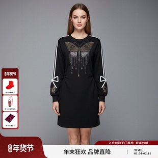 TCH时尚潮牌蝴蝶烫钻减龄收腰显瘦黑色长袖连衣裙女T78A30E1006