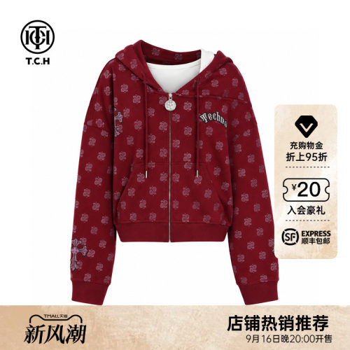 酒红色满印腰果花连帽外套女