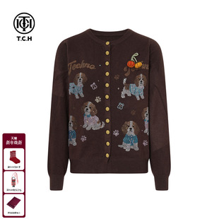 上衣女T75D43E1048 烫钻咖色休闲百搭针织开衫 TCH2025秋冬新款 时尚