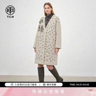 毛毛外套女T78A05E5003 TCH宽松V领烫钻萌熊雪花气质百搭中长款