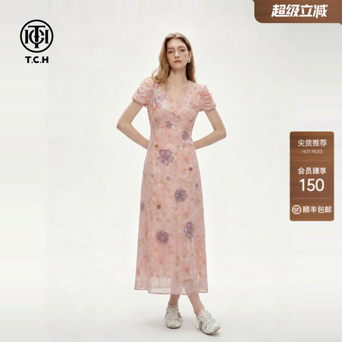泡泡袖兰花烫钻显瘦连衣裙