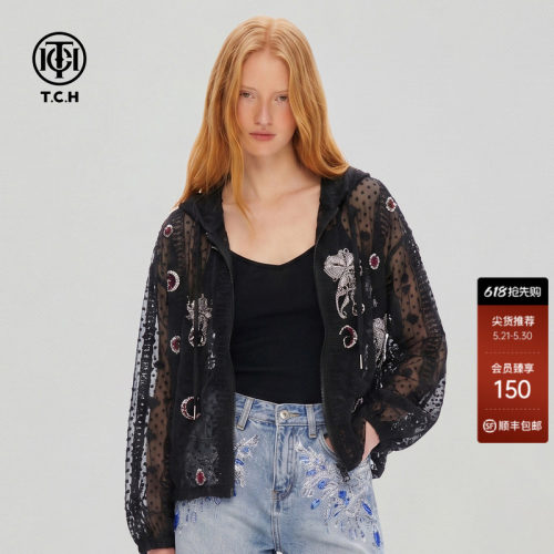 春夏暗纹提花蕾丝烫钻宽松外套女