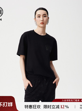 TCH烫钻黑色简约半袖T恤男女同款休闲夏季短袖上衣T72C106068