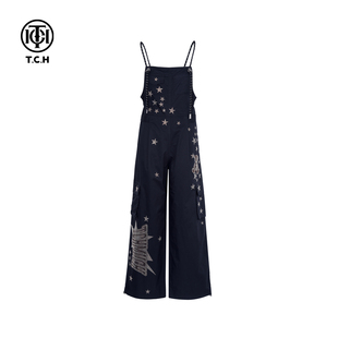新款 女25夏季 T75B20E5067 休闲百搭显瘦阔腿背带裤 TCH私服烫钻时尚