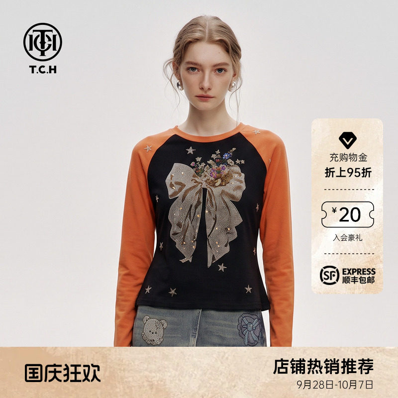 烫钻蝴蝶结街头时尚撞色长袖T恤图片