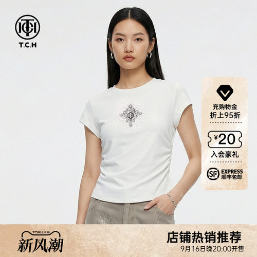 TCH2026春新款修身显瘦设计感短款辣妹正肩短袖T恤女T78A10E1028