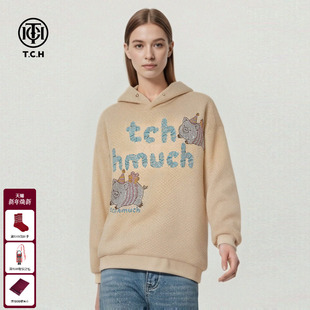 TCH华夫格宽松童趣字母烫钻连帽卫衣女2025冬季 T75D12E1019 新款