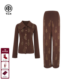 女T75D07E1068 套装 TCH时尚 烫钻咖色气质显瘦翻领打底上衣休闲长裤