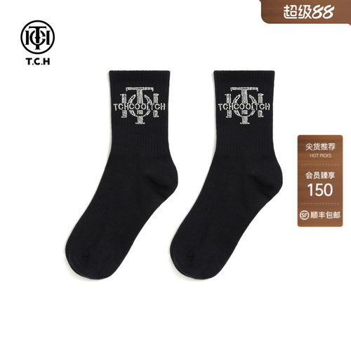 TCH轻奢LOGO烫钻烫钻工艺时尚休闲百搭中筒袜子女T78B55E5001