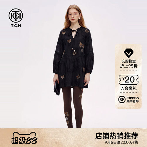 蝴蝶结烫钻宽松慵懒风黑色连衣裙