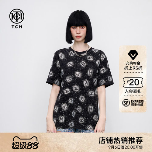 TCH宽松休闲满印LOGO烫钻流行黑色短袖T恤男女同款2026夏季