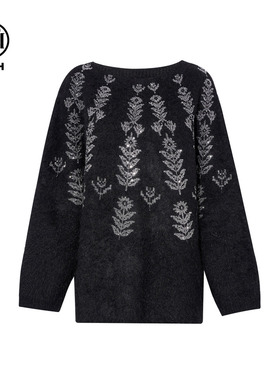 TCH时尚潮牌花卉烫钻黑色圆领毛针织衫女2025冬季新款T75D09E1202
