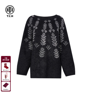 新款 女2025冬季 T75D09E1202 潮牌花卉烫钻黑色圆领毛针织衫 TCH时尚