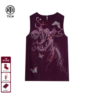 TCH私服烫钻新中式 马甲背心宽松上衣女T75B03E5016 复古紫色无袖