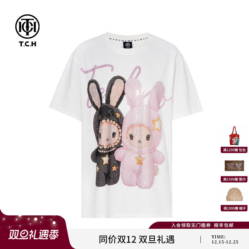 TCH轻奢重工卡通烫钻短袖T恤休闲宽松情侣半袖上衣潮T75C10E9051