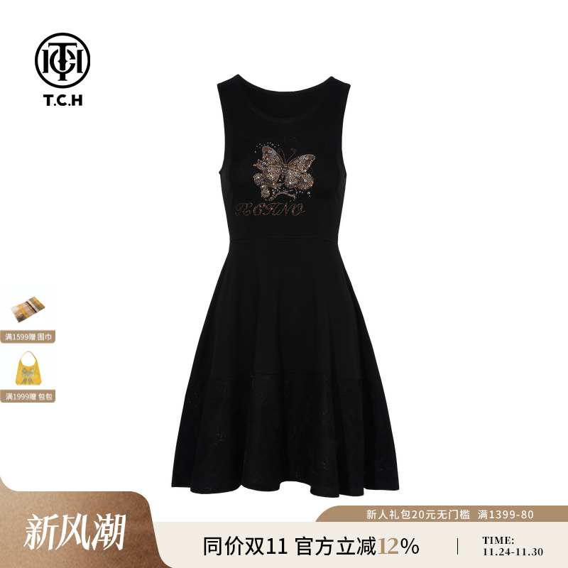 TCH私服烫钻时尚休闲蝴蝶气质收腰显瘦无袖连衣裙女T75C30B1018