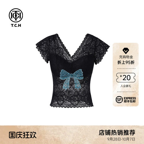 TCH秋季新款蕾丝烫钻蝴蝶结时尚休闲背心T78A03E5002