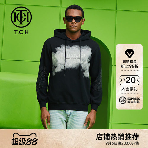 TCH潮牌烫钻字母云朵帽衫