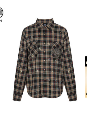 TCH轻奢烫钻美式休闲宽松百搭格子衬衫上衣潮男女同款T75C13E9006