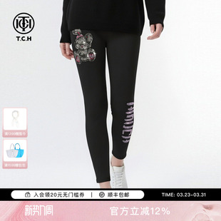 显瘦加绒打底裤 TCH2025冬季 烫钻修身 黑色瑜伽裤 女T75D23E1006 新款