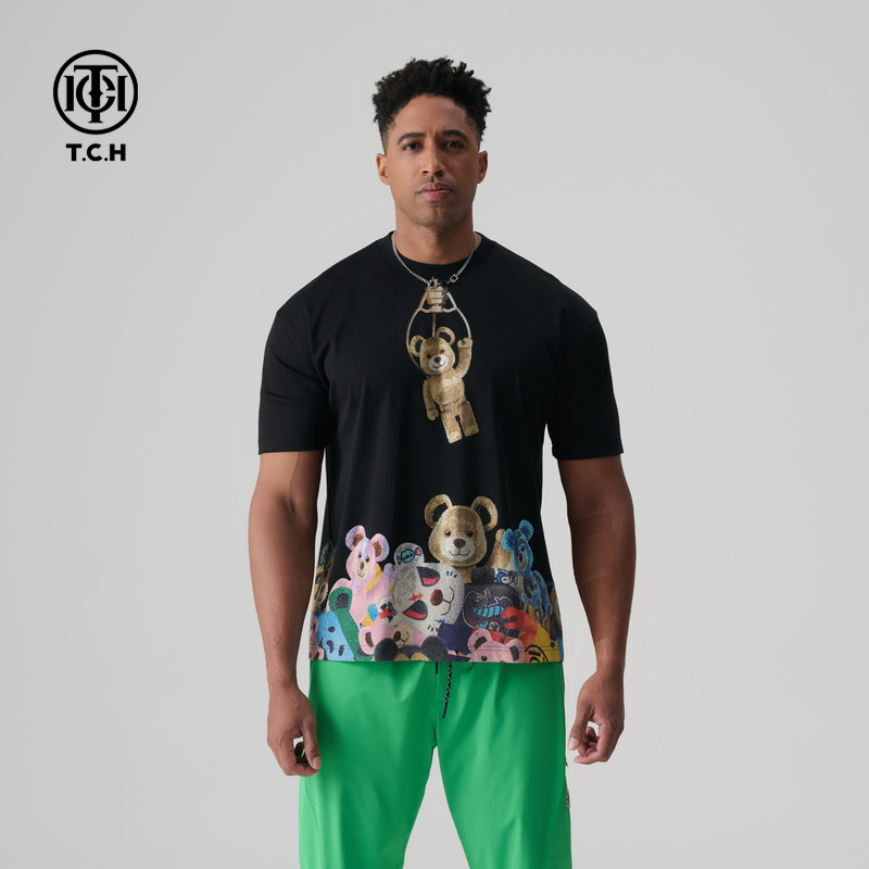 TCH烫钻卡通小熊图案短袖时尚百搭T恤男女2025夏季新款T72B106116