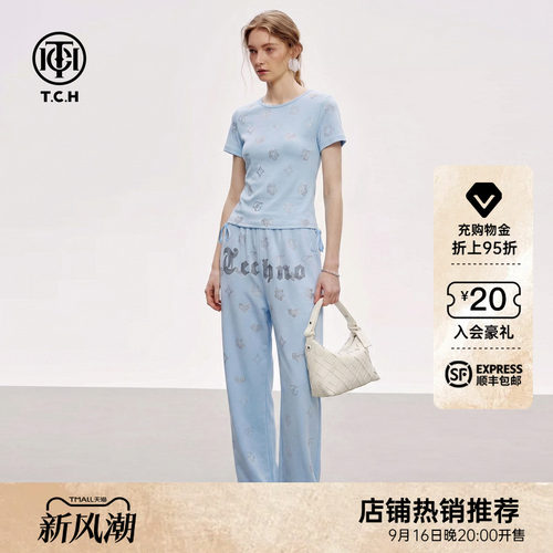 TCH烫钻收腰短袖T恤阔腿裤两件套