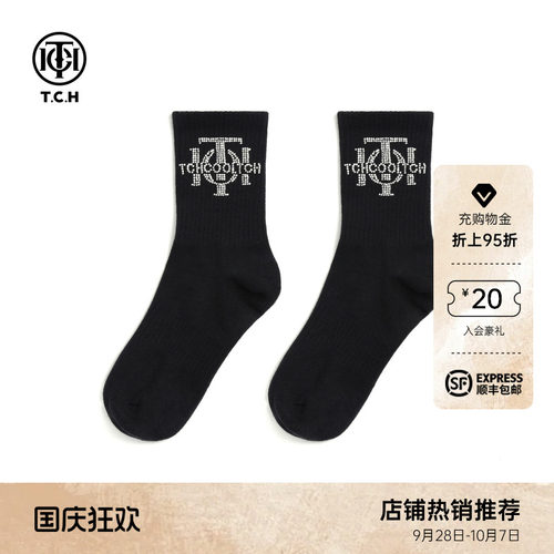 TCH轻奢LOGO烫钻烫钻工艺时尚休闲百搭中筒袜子女T78B55E5001