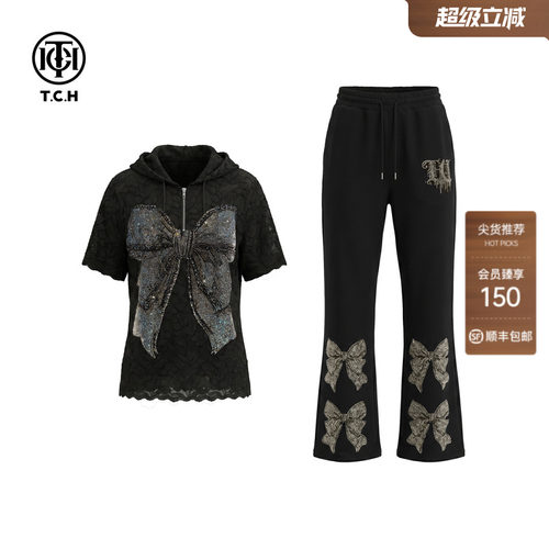 烫钻蕾丝连帽短袖阔腿裤两件套