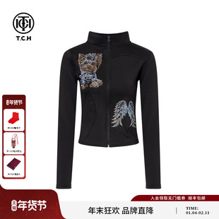 TCH潮流时尚烫钻百搭修身立领加绒外套女2025秋冬新款T75D27E1058