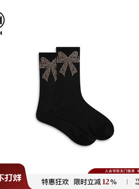 TCH蝴蝶结烫钻黑色中筒袜女ins潮流百搭运动休闲袜子T75D55E1013