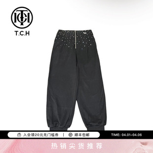TCH轻奢潮牌大C长裤 男女黑色T69B206020 烫钻宽松春夏新款
