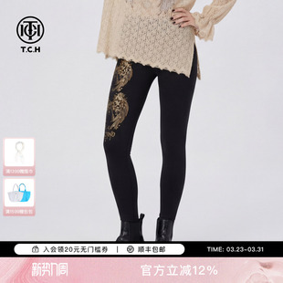 T78B23E1001 女2026春夏款 TCH百搭时尚 烫钻高腰显瘦弹力黑色打底裤