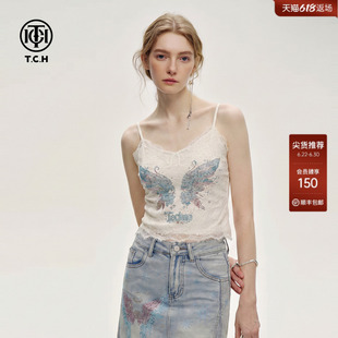 TCH白色烫钻翅膀蕾丝吊带背心女内搭外穿短款辣妹带胸垫上衣夏季