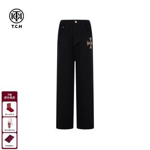 TCH轻奢烫钻黑色直筒宽松显瘦牛仔裤 男T75C20E5130 女潮牌休闲长裤