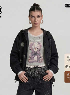 TCH潮牌星空烫钻黑色连帽休闲外套男女同款2026春新品T78A27E1023