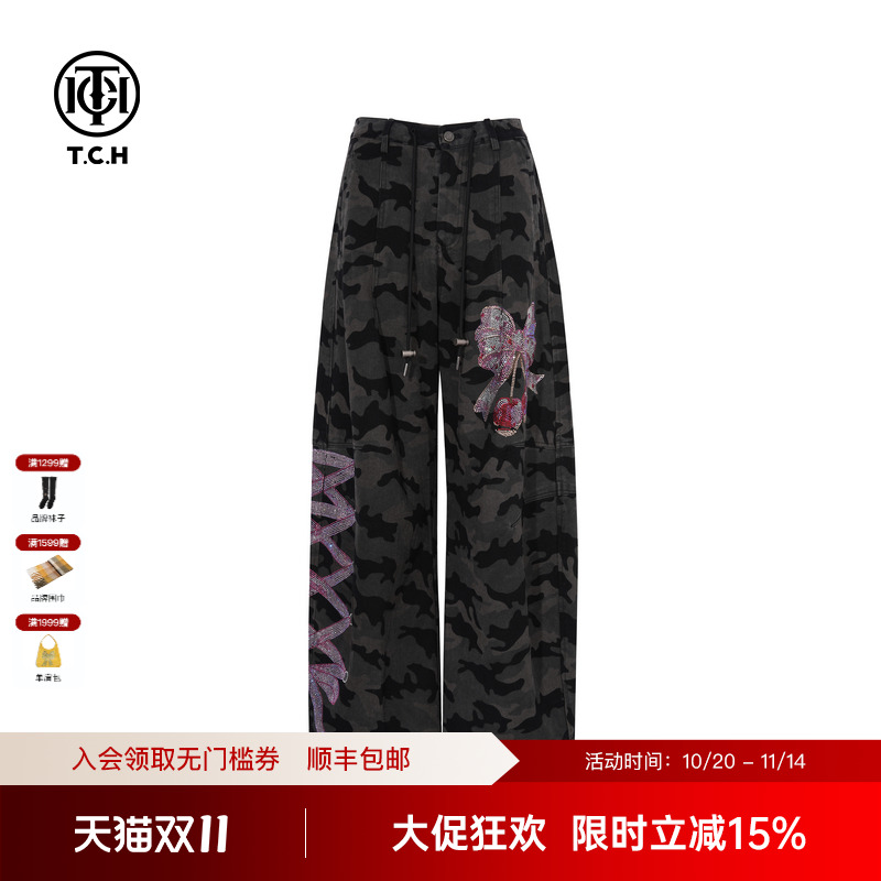 TCH私服烫钻美式街头阔腿显瘦迷彩牛仔裤女25秋季新款T75C20E5060
