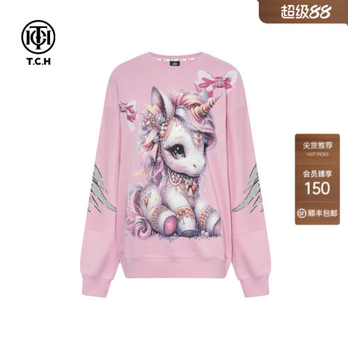 TCH潮牌烫钻2026春夏新款时尚宽松卡通粉色圆领卫衣T75C11E9002